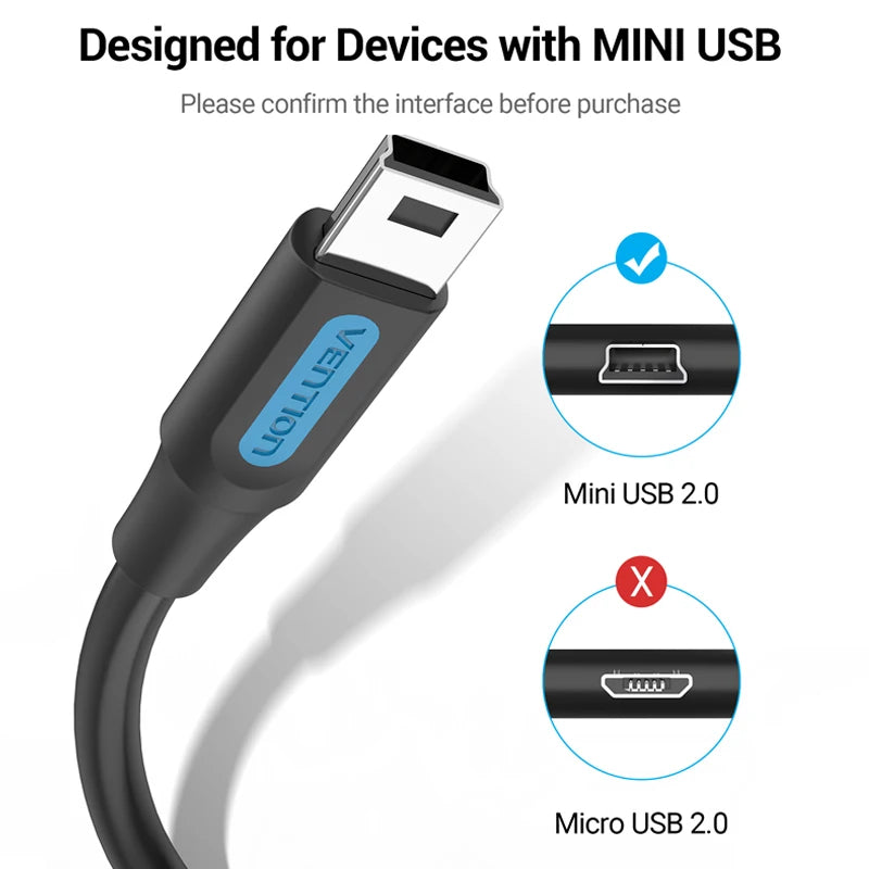 Vention Mini USB Cable [2-Pack] | USB 2.0 Fast Sync & Charge Cable for GPS, MP3 Player, Digital Camera, HDD | 3ft