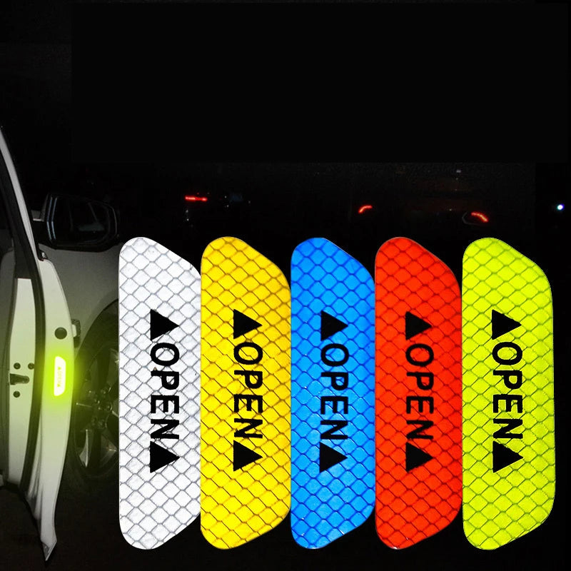 4-Piece Car Door Warning Reflector Kit | "OPEN" Safety Stickers for Interior & Exterior | Night Visibility Reflective Tape