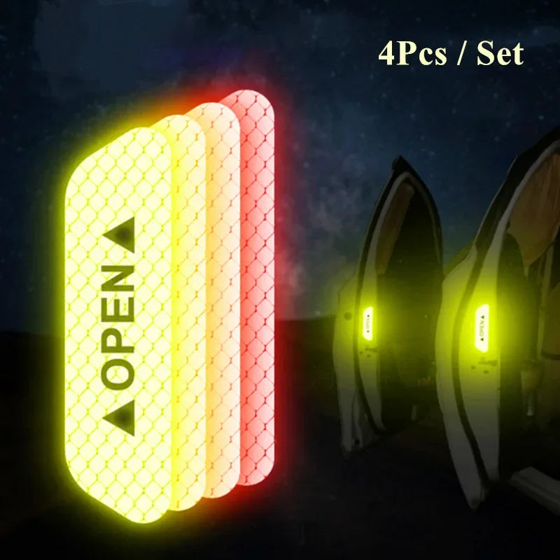 4-Piece "OPEN" Reflective Warning Sticker Set | Night Safety Door Markers for Cars & Bicycles | Easy Peel & Apply Decals
