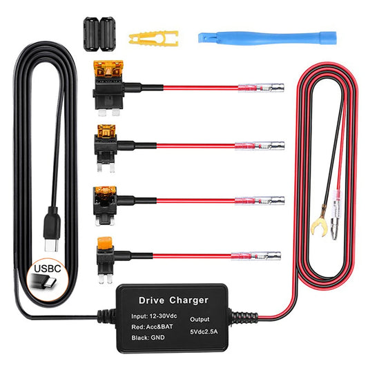 Type-C Dash Cam Hardwire Kit | 12V/24V to 5V 2A Power Cable | for 24H Parking Mode on DVR & GPS Recorders