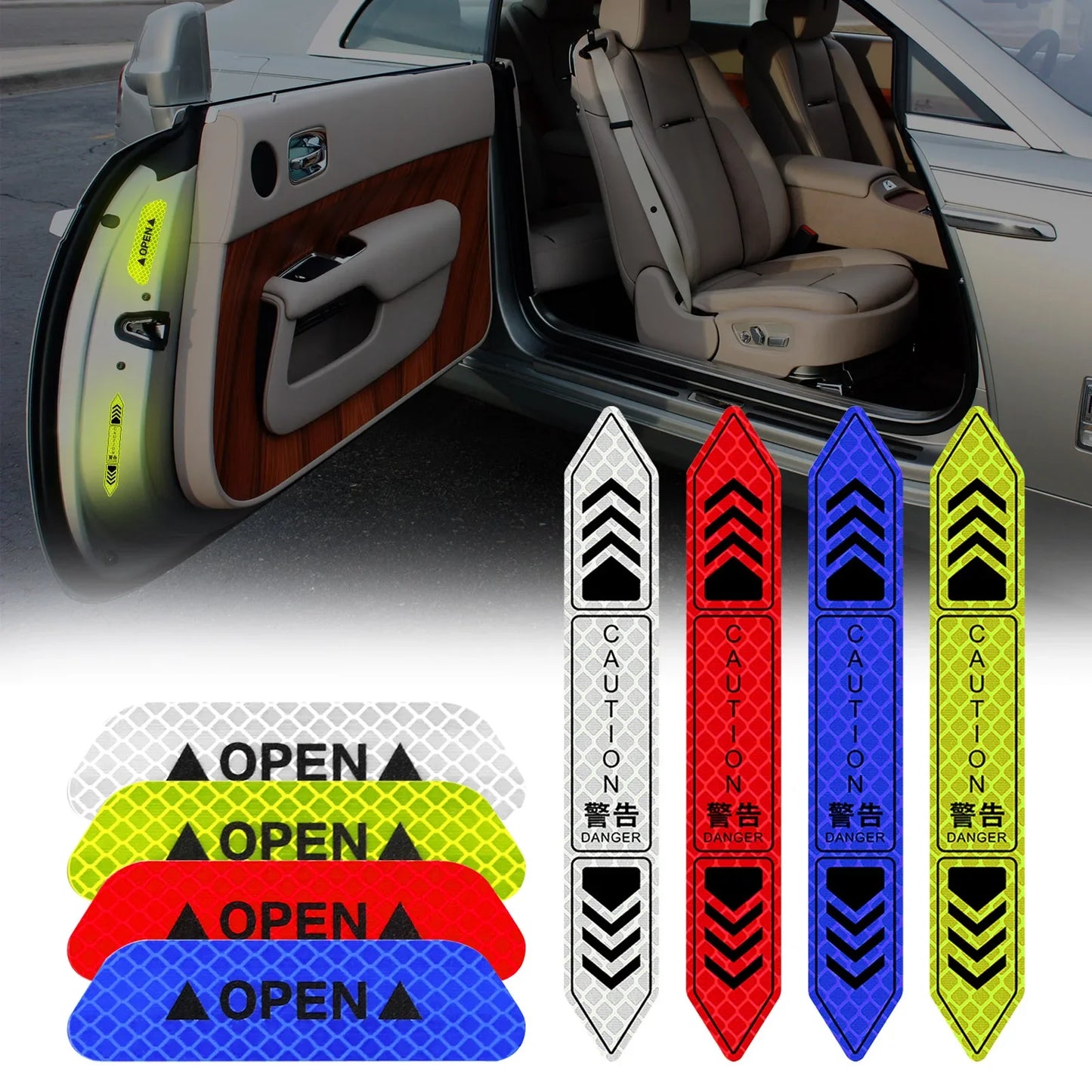 4-Piece Car Door Edge Protector & Warning Sticker Set | Reflective Safety Tape for Exterior & Interior | Prevents Scratches