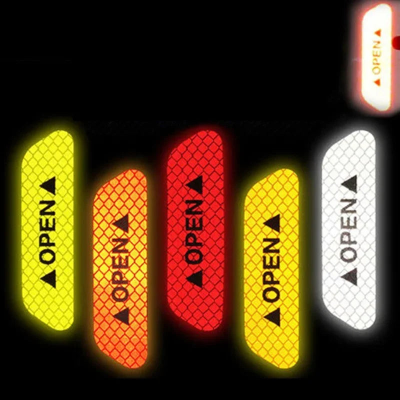 4-Piece "OPEN" Reflective Warning Sticker Set | Night Safety Door Markers for Cars & Bicycles | Easy Peel & Apply Decals
