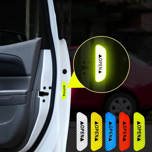 4-Piece Car Door Warning Reflector Kit | "OPEN" Safety Stickers for Interior & Exterior | Night Visibility Reflective Tape