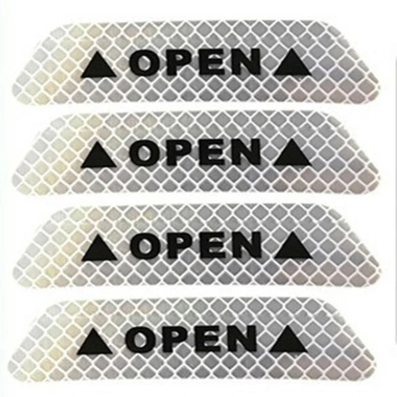 4-Piece "OPEN" Reflective Warning Sticker Set | Night Safety Door Markers for Cars & Bicycles | Easy Peel & Apply Decals