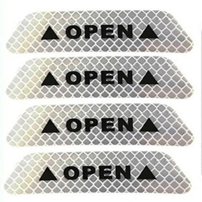 4-Piece "OPEN" Reflective Warning Sticker Set | Night Safety Door Markers for Cars & Bicycles | Easy Peel & Apply Decals