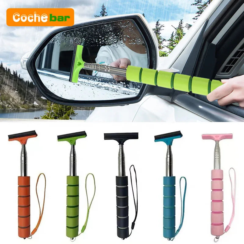 Car Mirror & Glass Cleaning Tool | Telescopic Handle with Wiper and Scraper | Reach Difficult Interior & Exterior Spots