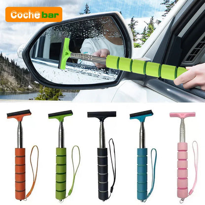 Car Mirror & Glass Cleaning Tool | Telescopic Handle with Wiper and Scraper | Reach Difficult Interior & Exterior Spots
