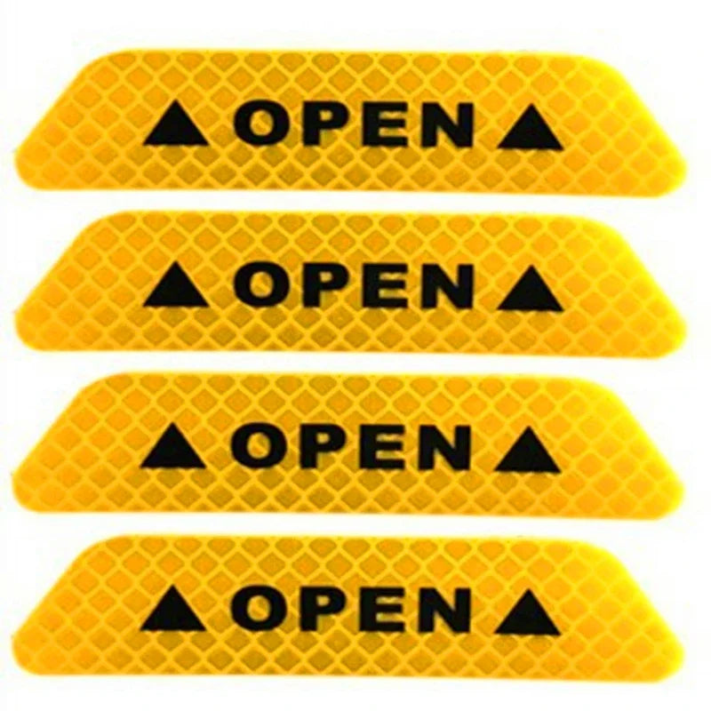 4-Piece "OPEN" Reflective Warning Sticker Set | Night Safety Door Markers for Cars & Bicycles | Easy Peel & Apply Decals
