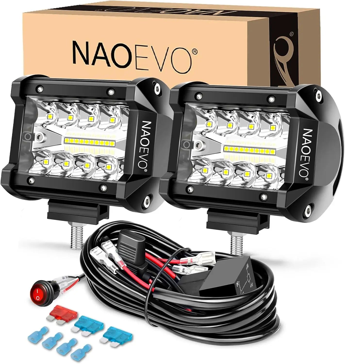 NAOEVO 4" 2-Pod LED Light Kit | Spot & Flood Combo Beam | 4x4 Off-Road Fog & Driving Lights for Truck, Jeep, ATV, UTV