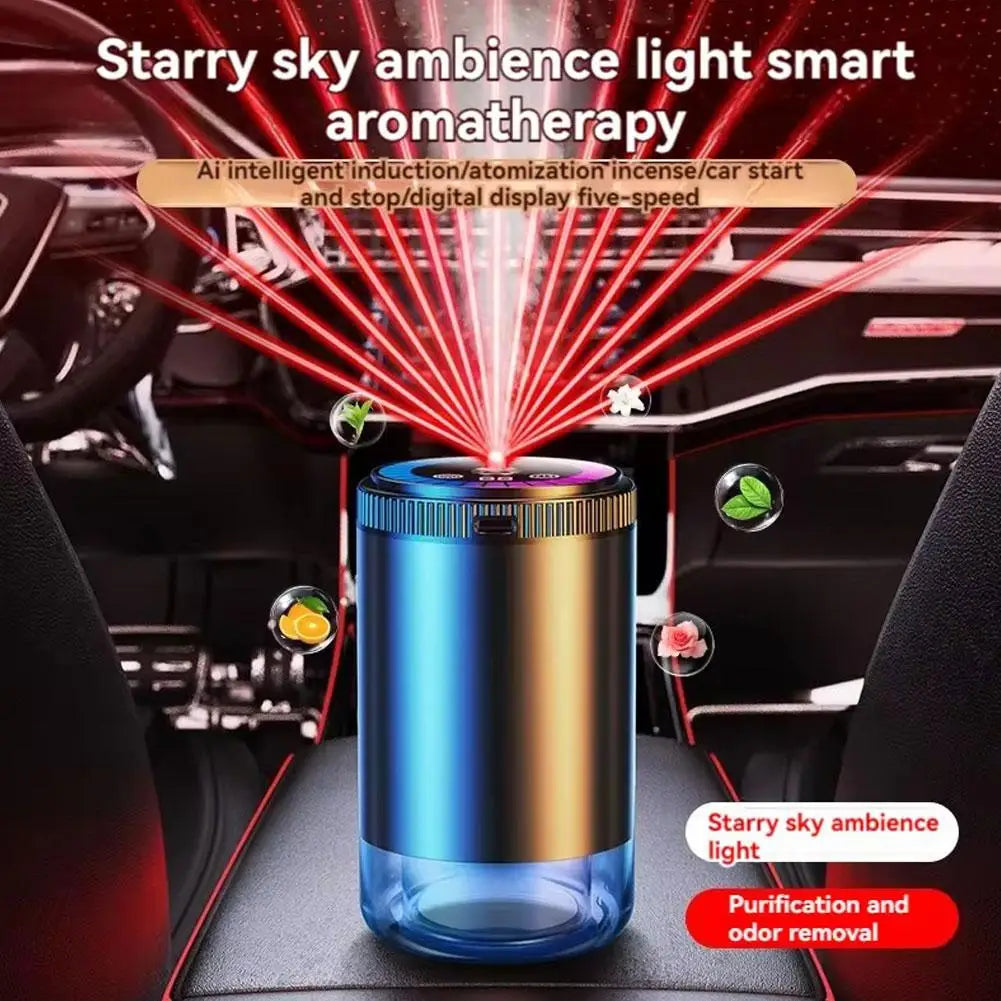 Smart Car Air Freshener with Starry Sky Light | Rechargeable 5-Level Aroma Diffuser | Auto Scent Detection & Mood Lighting